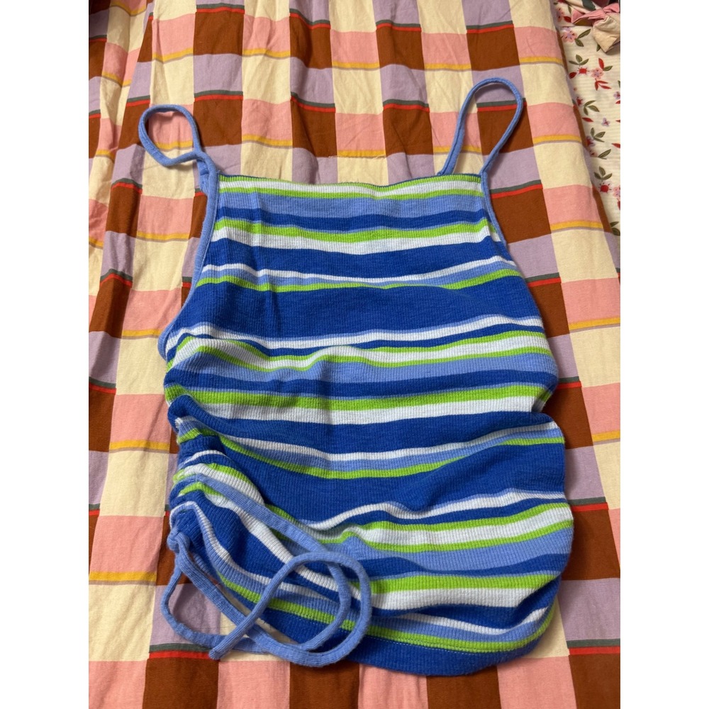 Aerie Striped Cami Top Blue Green Ruched Side Drawstring Ribbed XXS